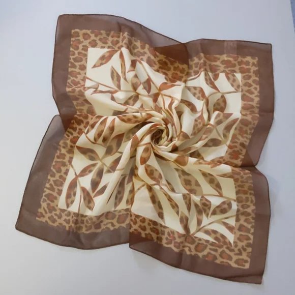 Vintage Jennifer Moore Sheer Leaf & Leopard Print Scarf, Tan / Brown - Picture 1 of 6